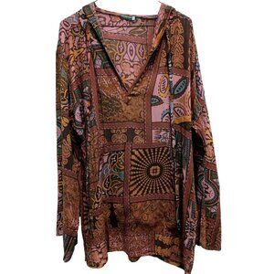 Earthbound Trading Co Womens Hoodie Top Large Orange Mixed Print BOHO Hippie
